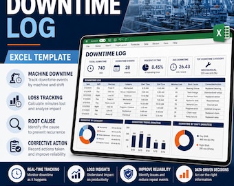 Modelo de planilha Excel para registro de tempo de inatividade | Rastreamento de máquinas, causa raiz, ação corretiva