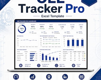 Modelo de planilha OEE Tracker Pro em Excel | Painel de Pareto para Disponibilidade, Desempenho, Qualidade, Tempo de Inatividade e Manufatura