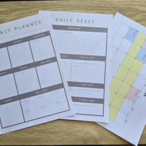 May include: Three printed planner sheets on white paper. One sheet is a Weekly Planner with gray headers for days of the week. Another is a Daily Reset sheet with sections for Brain Dump, Would Help, Next Step, and A Small Win. One is an April 2026 calendar.
