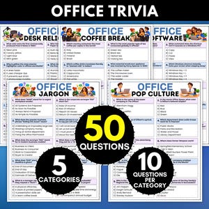 May include: A set of Office Trivia game sheets featuring 50 questions across 5 categories including Office Desk, Coffee Break, Software, Jargon, and Pop Culture. Each sheet contains multiple-choice questions with cartoon illustrations at the top.