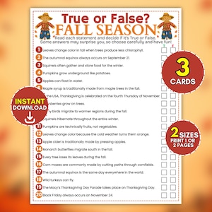 Peut inclure: Une fiche de jeu Vrai ou Faux sur la saison d'automne avec vingt affirmations numérotées, illustrée par deux épouvantails en haut. Le document comporte des cases à cocher pour les réponses T et F, ainsi que des badges circulaires indiquant 3 cartes et 2 tailles.