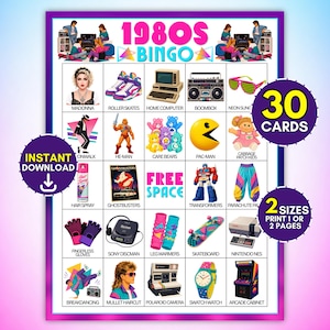 Könnte beinhalten: Eine 1980er-Jahre Bingo-Spielkarte mit einem Raster aus ikonischen Retro-Gegenständen wie Rollschuhen, einem Ghettoblaster, Pac-Man, einer Cabbage Patch Puppe, einem Nintendo NES und einer Polaroid-Kamera. Das Design enthält neonfarbene Akzente.