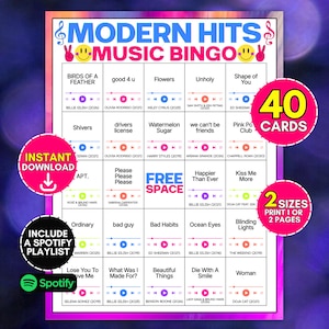 May include: A Modern Hits Music Bingo game card featuring a 5x5 grid of popular song titles, artist names, and release years. The design includes a central free space, music player icons, and pink circular badges indicating 40 cards and 2 sizes.