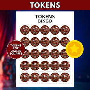 Puede incluir: Una hoja imprimible titulada TOKENS BINGO con veinticinco fichas circulares dispuestas en cuadr&iacute;cula. Cada ficha muestra una claqueta de cine roja y una clave de sol musical dorada. Una ficha de estrella amarilla se sit&uacute;a a la derecha.