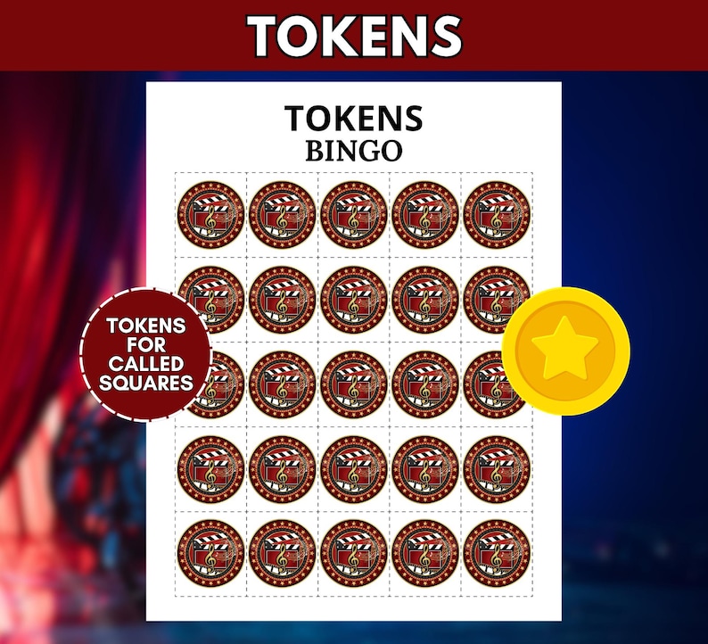 Puede incluir: Una hoja imprimible titulada TOKENS BINGO con veinticinco fichas circulares dispuestas en cuadr&iacute;cula. Cada ficha muestra una claqueta de cine roja y una clave de sol musical dorada. Una ficha de estrella amarilla se sit&uacute;a a la derecha.