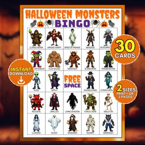 Afdrukbaar spel Halloween-monsterbingo, 30 schattige enge personagekaarten, kinder Trick Or Treat-feestactiviteit, feestelijke oktobergroep ijsbreker