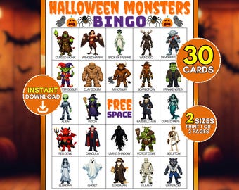 Halloween Monster Bingo Printable Game, 30 Cute Creepy Character Cards, Kids Trick Or Treat Party Activity, October Festive Group Icebreaker
