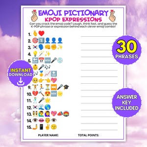 Pode incluir: Uma folha de jogo Emoji Pictionary K-Pop Expressions branca com bordas roxas. Contém quinze linhas numeradas para respostas, um campo para o nome do jogador e uma seção para o total de pontos.