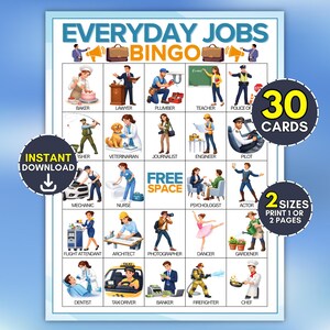 May include: A bingo game card titled EVERYDAY JOBS BINGO featuring a grid of illustrations depicting various professions like baker, lawyer, plumber, teacher, police officer, fisher, veterinarian, journalist, engineer, pilot, mechanic, nurse, psychologist, actor, flight attendant, architect, photographer, dancer, gardener, dentist, taxi driver, banker, firefighter, and chef.