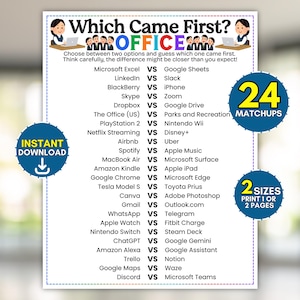 Puede incluir: Una hoja de juego imprimible titulada Which Came First? OFFICE con 24 comparativas de tecnología y medios. El documento incluye instrucciones, ilustraciones de trabajadores de oficina e insignias circulares azules que indican descarga instantánea, 24 enfrentamientos y 2 tamaños.