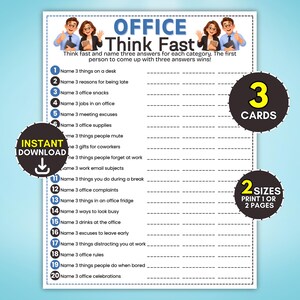 Puede incluir: Una hoja de juego imprimible titulada Office Think Fast con veinte consignas numeradas que piden nombrar tres elementos por categoría. El documento incluye ilustraciones de trabajadores de oficina, líneas punteadas para escribir respuestas y sellos circulares que indican 3 CARDS, 2 SIZES PRINT 1 OR 2 PAGES y INSTANT DOWNLOAD.