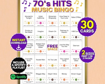 70s Music Bingo Printable Cards, 1970s Decade Party Activity, Retro Adult Birthday Celebration Ideas with Spotify Playlist, Fun Disco Nights