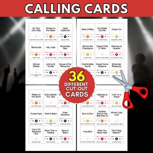 May include: A set of 36 printable calling cards featuring classic rock song titles, artist names, and release years. Each card includes a graphic of a music player progress bar. A pair of red-handled scissors is positioned over the cards.
