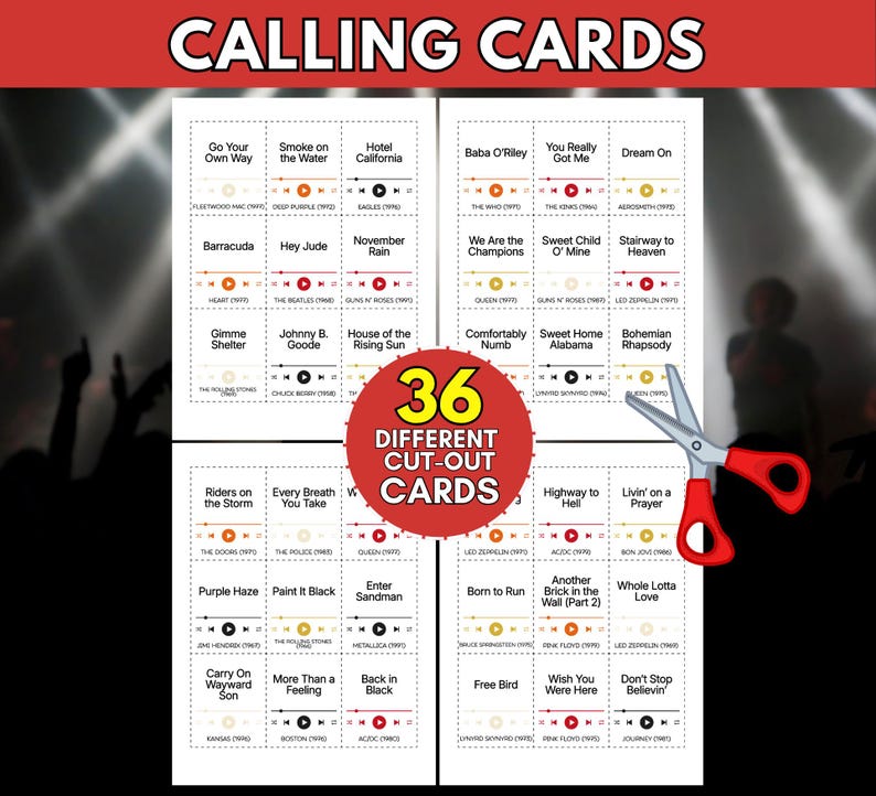 May include: A set of 36 printable calling cards featuring classic rock song titles, artist names, and release years. Each card includes a graphic of a music player progress bar. A pair of red-handled scissors is positioned over the cards.
