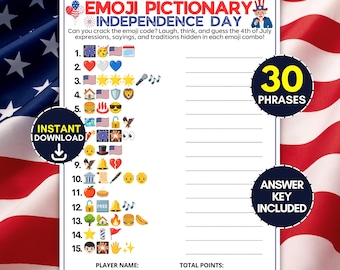 Patriotic Emoji Pictionary Game, 30 Independence Day Riddles Printable, Fun 4th of July Party Activity for Adults & Friends, Guessing Quiz