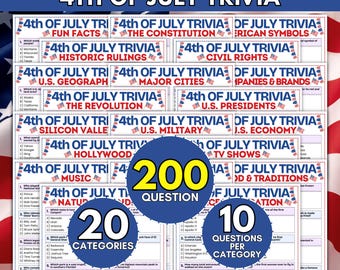 Lot de jeux-questionnaires du 4 juillet, quiz sur la culture de l'histoire américaine, activité pour un grand groupe en famille le jour de l'indépendance, renforcement d'équipe amusant dans un camp d'été