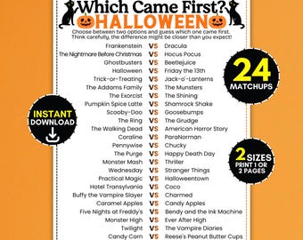 Op de afbeelding: Een wit Halloween-spelblad getiteld Which Came First? met illustraties van zwarte katten en pompoenen. Het bevat 24 vergelijkingen van horrorfilms, personages en lekkernijen. Ronde badges geven 24 matchups, instant download en 2 formaten aan.