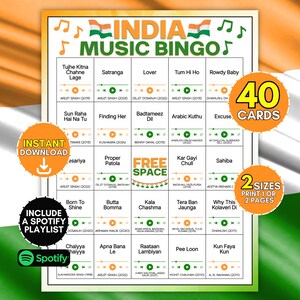 40 Indian Music Printable Bingo Cards, Bollywood Hits Party Game Set, Desi Sangeet Diwali Holi Activity, India Cultural Karaoke Night Event