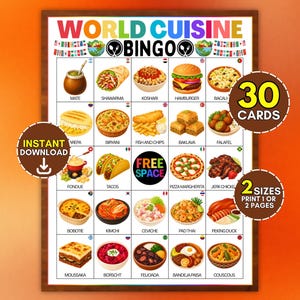 30 tarjetas de bingo de comida del mundo, juego de fiesta de cocina internacional, actividad familiar de platos globales, tiempo de juego para eventos gastronómicos, idea de aprendizaje escolar para niños