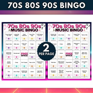 Puede incluir: Una hoja de juego de bingo musical de los a&ntilde;os 70, 80 y 90 imprimible con dos cuadr&iacute;culas por p&aacute;gina. Cada casilla contiene t&iacute;tulos de canciones, nombres de artistas y a&ntilde;os de lanzamiento con iconos de reproductor multimedia. Una insignia central muestra 2 PER PAGE.