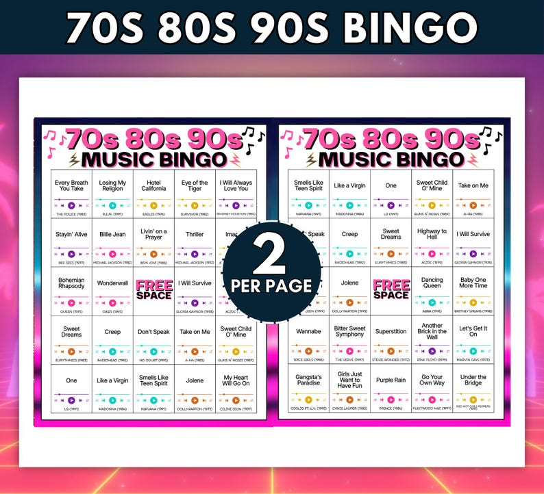 Puede incluir: Una hoja de juego de bingo musical de los a&ntilde;os 70, 80 y 90 imprimible con dos cuadr&iacute;culas por p&aacute;gina. Cada casilla contiene t&iacute;tulos de canciones, nombres de artistas y a&ntilde;os de lanzamiento con iconos de reproductor multimedia. Una insignia central muestra 2 PER PAGE.