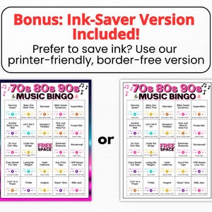 Puede incluir: Dos tarjetas de juego 70s 80s 90s Music Bingo. Una tarjeta presenta un borde degradado colorido, mientras que la otra es una versi&oacute;n blanca que ahorra tinta. Ambas cuadr&iacute;culas contienen t&iacute;tulos de canciones, artistas, a&ntilde;os e iconos de reproducci&oacute;n.