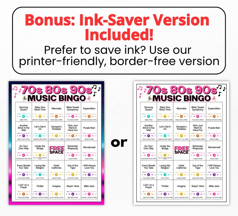 Puede incluir: Dos tarjetas de juego 70s 80s 90s Music Bingo. Una tarjeta presenta un borde degradado colorido, mientras que la otra es una versi&oacute;n blanca que ahorra tinta. Ambas cuadr&iacute;culas contienen t&iacute;tulos de canciones, artistas, a&ntilde;os e iconos de reproducci&oacute;n.