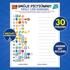 Daily Life Phrases Emoji Pictionary Game, 30 Common Sayings Riddles, Fun Brain Teaser Guessing Activity For Kids Adults, Emojis Decode Sheet
