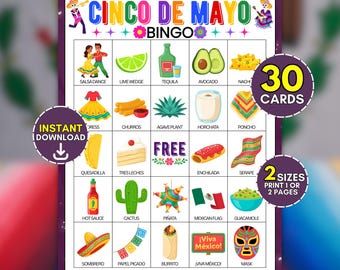 30 Cinco de Mayo Bingo Cards Printable, Mexican Fiesta Game for Family & Adults, Fun Taco Night Activity Ideas, Digital PDF Instant Download