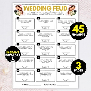 Puede incluir: Una hoja de juego Wedding Feud con 15 preguntas numeradas para los invitados. El encabezado incluye ilustraciones de una pareja de novios. El texto incluye 45 PROMPTS, 3 PAGES e INSTANT DOWNLOAD. El diseño tiene casillas para los puntos.