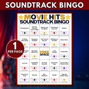 Puede incluir: Una tarjeta de juego Bingo Soundtrack Movie Hits con una cuadr&iacute;cula de veinticinco casillas. Cada casilla contiene el t&iacute;tulo de una canci&oacute;n, un icono de reproductor multimedia y el nombre de una pel&iacute;cula con su a&ntilde;o. La casilla central dice Free Space. Un c&iacute;rculo rojo indica 1 Per Page.
