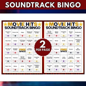 Puede incluir: Una hoja de juego de bingo musical imprimible con dos cuadr&iacute;culas tituladas Movie Hits Soundtrack Bingo. Cada cuadr&iacute;cula contiene t&iacute;tulos de canciones, nombres de pel&iacute;culas e iconos de reproducci&oacute;n. Un c&iacute;rculo rojo central muestra 2 Per Page.