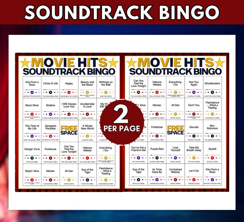Puede incluir: Una hoja de juego de bingo musical imprimible con dos cuadr&iacute;culas tituladas Movie Hits Soundtrack Bingo. Cada cuadr&iacute;cula contiene t&iacute;tulos de canciones, nombres de pel&iacute;culas e iconos de reproducci&oacute;n. Un c&iacute;rculo rojo central muestra 2 Per Page.