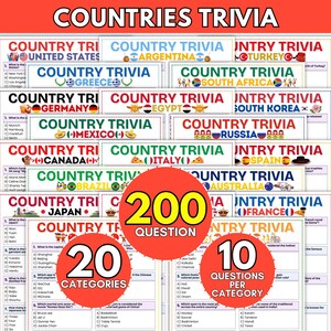 May include: A collection of Country Trivia game sheets featuring multiple countries, each with specific questions and national icons. Three red circular overlays display the text 200 QUESTIONS, 20 CATEGORIES, and 10 QUESTIONS PER CATEGORY.