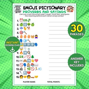 Könnte beinhalten: Ein weißes Emoji-Pictionary-Spielblatt mit dem Titel Proverbs and Sayings und grünem Rand. Es enthält 15 nummerierte Zeilen mit Emoji-Sequenzen zum Entschlüsseln, leere Zeilen für Antworten sowie Felder für Spielernamen und Gesamtpunktzahl.
