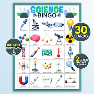 May include: A Science Bingo game card featuring a grid of twenty-five colourful scientific illustrations including a microscope, DNA, atom, and rocket. The title reads Science Bingo, and the centre square is labelled Free Space. Text overlays indicate 30 cards.