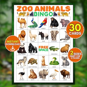 May include: A Zoo Animals Bingo game sheet featuring a grid of various animal illustrations including a camel, peacock, parrot, chimpanzee, hippo, lion, llama, tapir, elephant, lemur, panda, gorilla, crocodile, capybara, wolf, tortoise, meerkat, snake, koala, ostrich, sloth, rhino, pelican, and bison.