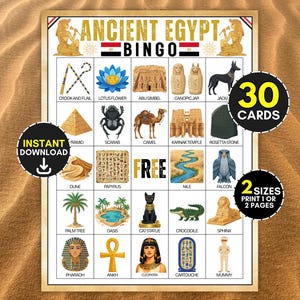 Puede incluir: Una tarjeta de juego de bingo sobre el Antiguo Egipto con una cuadrícula de veinticinco casillas que ilustran iconos históricos como una pirámide, un escarabajo, un camello y un faraón. El título dice ANCIENT EGYPT BINGO con textos 30 CARDS, INSTANT DOWNLOAD y 2 SIZES.