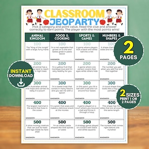 以下が含まれることがあります： Animal Kingdom、Food & Cooking、Sports & Games、Numbers & Shapesの4つのカテゴリーがあるClassroom Jeopardyゲームシート。グリッドには100から500までのポイント値、ヒント、回答欄が含まれています。テキストには2 PAGESと2 SIZESと記載されています。