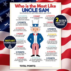 May include: A printable game sheet titled Who is the Most Like UNCLE SAM featuring a central illustration of Uncle Sam. The document lists various point-based criteria for players to match, including text about American history and personal traits.