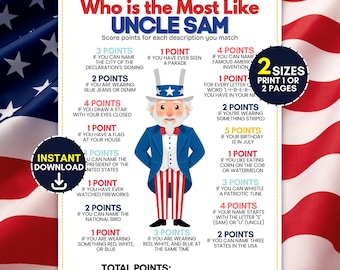 Uncle Sam Who Is The Most Like Game, 4th Of July Printable Party Icebreaker Activity, Fun Patriotic Family Group Game For Kids and Adults