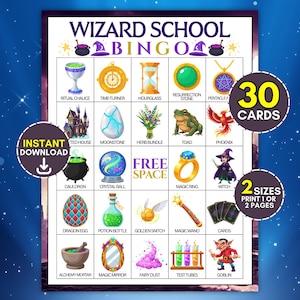 May include: A Wizard School Bingo game card featuring a grid of twenty-five squares with illustrations of magical items including a ritual chalice, time-turner, hourglass, resurrection stone, pentacle, haunted house, moonstone, toad, phoenix, cauldron, crystal ball, magic ring, witch, dragon egg, potion bottle, golden snitch, magic wand, cards, alchemy mortar, magic mirror, fairy dust, test tubes, and a goblin.