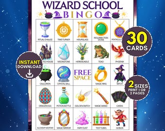 30 Wizard Bingo Printable Bingo Game, Magic Spell School Party Activity, Fantasy Children Birthday Celebration, Fairy Tale World Fun Ideas