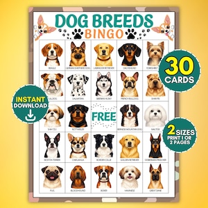 Puede incluir: Una tarjeta de juego de Bingo de razas de perros con ilustraciones de veinticuatro razas diferentes en una cuadrícula. El encabezado dice DOG BREEDS BINGO. Las superposiciones de texto incluyen INSTANT DOWNLOAD, 30 CARDS y 2 SIZES PRINT 1 OR 2 PAGES.