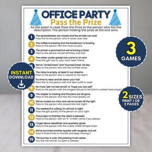Pode incluir: Uma folha de jogo imprimível Office Party Pass the Prize com uma lista numerada de quinze instruções para uma troca de presentes. O design inclui chapéus de festa azuis, detalhes circulares dourados e textos sobrepostos Instant Download, 3 Games, 2 Sizes.