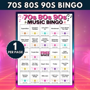 Puede incluir: Una tarjeta de juego de bingo musical de los a&ntilde;os 70, 80 y 90 con una cuadr&iacute;cula de t&iacute;tulos de canciones y nombres de artistas. El dise&ntilde;o incluye notas musicales rosas, un espacio libre central e iconos de reproducci&oacute;n. El texto dice 70s 80s 90s MUSIC BINGO.