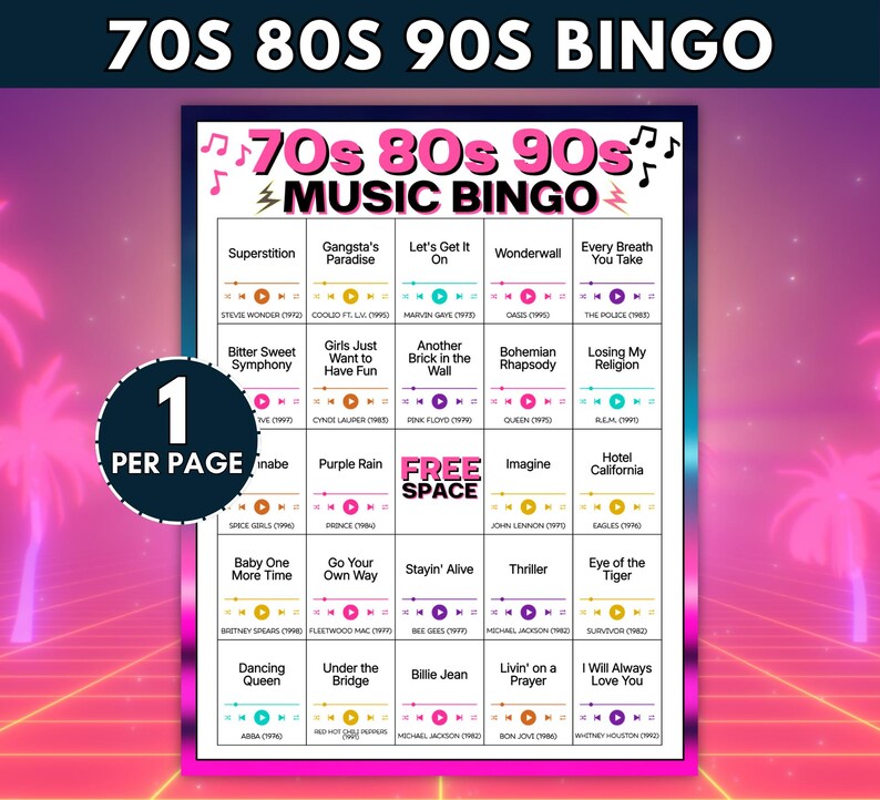 Puede incluir: Una tarjeta de juego de bingo musical de los a&ntilde;os 70, 80 y 90 con una cuadr&iacute;cula de t&iacute;tulos de canciones y nombres de artistas. El dise&ntilde;o incluye notas musicales rosas, un espacio libre central e iconos de reproducci&oacute;n. El texto dice 70s 80s 90s MUSIC BINGO.