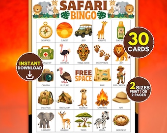 African Safari Bingo Game Set, 30 Jungle Animal Theme Cards, Zoo Wildlife Party Group Sheets, Preschool Classroom Printable Kids Activity