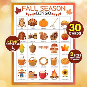30 Fall Bingo Printable Game, Autumn School Party Activity for Kids, Harvest Festival Large Group Icebreaker, Family Fun Night Playing Cards