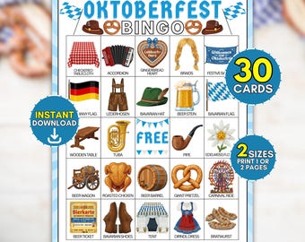 30 Printable Oktoberfest Bingo Cards, German Beer Festival Party Game, Family Bavarian Fall Celebration Group Activity, Adult Drinking Party